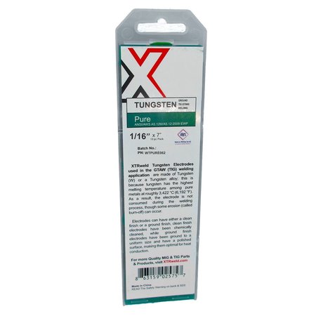 XTRWELD Pure Tungsten Electrode, 1/8, Green, 7 In L, 10PK WTPURE125